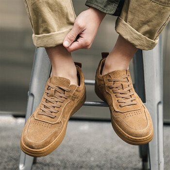 石头小猪男鞋新款低帮板鞋男潮流反绒运动休闲鞋男厚底增棕色真皮38