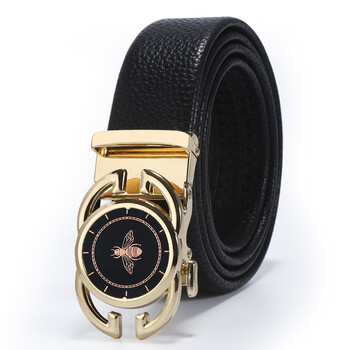 青年男士合金自动扣头二层牛皮腰带时尚潮流小蜜蜂头皮带金色120cm