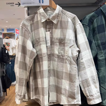 优衣库男装女装竹节棉格子衬衫长袖空调衫休闲衬衣薄外套浅米色s