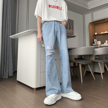 古爵恩gujueen夏季痞帅微喇牛仔裤破洞膝盖男韩版潮ins高街宽松百搭