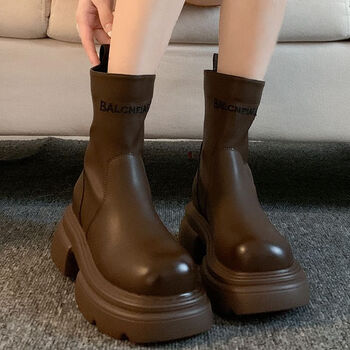 carloskayla靴子女短靴2024年秋季时尚复古帅气厚底炸街瘦瘦靴棕色35