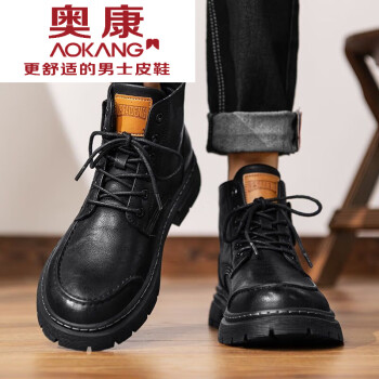 奥康（Aokang）真皮马丁靴男2024春季新款工装靴子男士英伦风皮短靴高帮男鞋 黑色 38