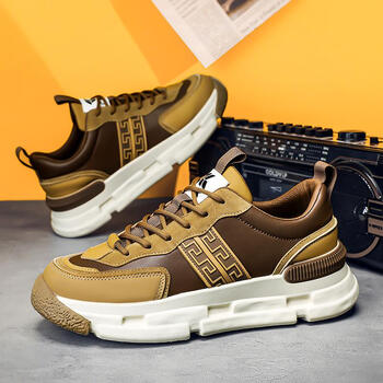 老爹鞋男潮牌夏季美拉德复古皮面运动鞋青少年软底透气棕色跑步鞋卡其