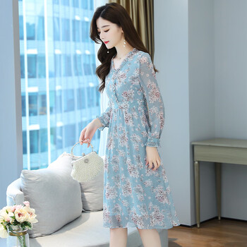 仟诗卡春天小个子女士碎花连衣裙春款矮个子女生长袖雪纺女春夏季新款