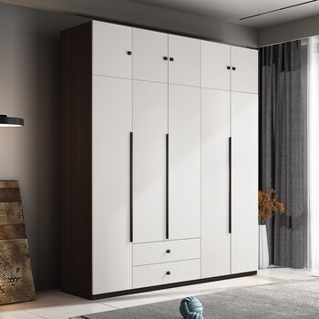 衣柜意式极简衣柜卧室房间木质大衣橱组装家用带灯钢化玻璃门五门衣柜