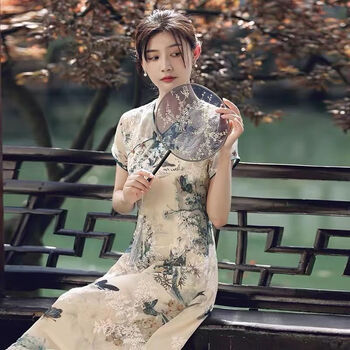 汐渝旗袍改良版连衣裙2024夏季低领v领年新款少女民国风裙遮肚2060岁