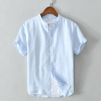 是非L562 夏季新品中国风百搭短衬衣男士 棉麻休闲短袖衬衫 一件代发 天蓝 M