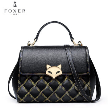金狐狸foxer 2019新款时尚牛皮菱格包简约休闲手提单肩斜挎女包 黑色