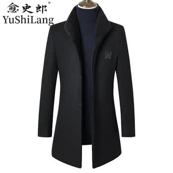 码毛呢大衣男中长款秋冬季加棉羊羔毛立领修身羊毛呢子外套黑色17048