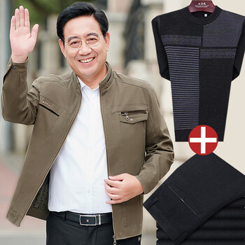 中老年人休闲上衣50岁60春秋季70爷爷男装深卡其色外套毛衣裤子170m