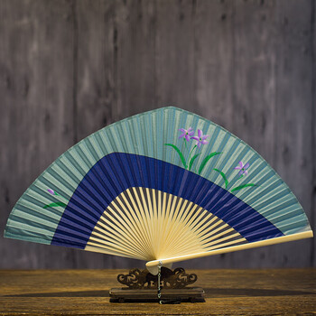 老阊门扇子定制 不规则几何时尚设计手绘插画真丝扇子折扇女扇 蓝绿