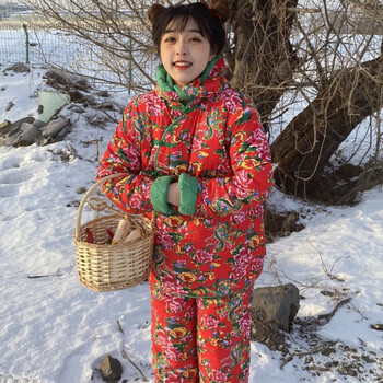 elgkbmo东北大花袄大棉袄女冬加厚民族风碎花棉服时尚棉衣棉裤套装女