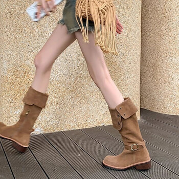 幸栀复古棕色两穿西部靴秋冬新款高筒靴粗跟过膝长靴高筒骑士靴卡其色