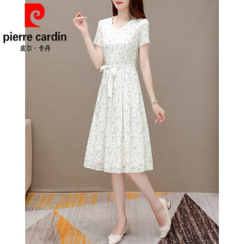 皮尔卡丹（pierre cardin）短袖连衣裙女2024新款夏季妈l妈碎花小个子白色显瘦裙子针织 米色 2XL