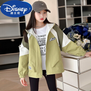 迪士尼品牌童装女童外套春秋款儿童风衣外穿连帽拼色上 果绿色 150cm
