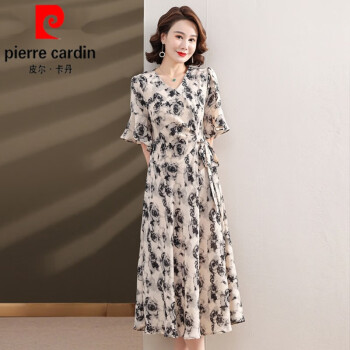 皮尔卡丹（pierre cardin）中年雪纺连衣裙女年轻妈l妈装夏装碎花长裙显瘦裙子40岁50遮肚子 卡其色  L 适合90-110斤