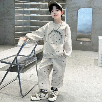 男童套装春秋季男孩休闲连帽卫衣裤子两件套中大儿童春装衣服杏色170