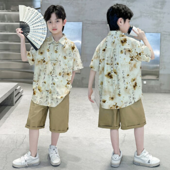 迪士尼（Disney）男童夏款国风套装中大童夏季潮衣儿童短袖两件2024新款童装新中式 卡其色 170cm