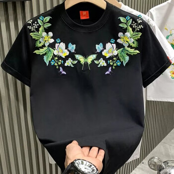 福神笛国潮风蝴蝶刺绣短袖纯棉t恤男女大码300斤感小众情侣潮牌体恤