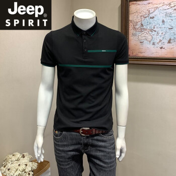吉普（JEEP）夏季潮流简约撞色休闲短袖polo.衫男士韩版修身半袖T恤青年上衣男 黑色 M