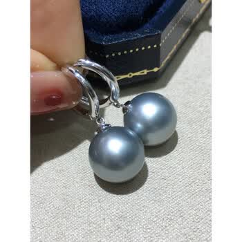 老凤银祥澳白海水珍珠耳钉色灰耳扣强光黑耳环金耳饰气质款铂金色灰