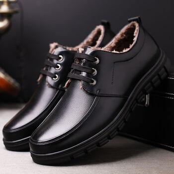 真皮加绒保暖加厚男士休闲防滑大码鞋中老年爸爸棉皮鞋黑色保暖棉鞋39