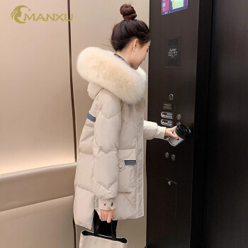 曼蓄2024高端羽绒服女大牌甜美风新款冬季中长款外套韩版小个子羽绒服 米白色 M 建议105-117斤