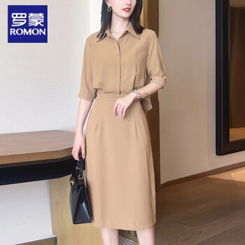 罗蒙衬衫连衣裙女秋装新款小个子气质时尚女装奢华显瘦裙子卡其色m100