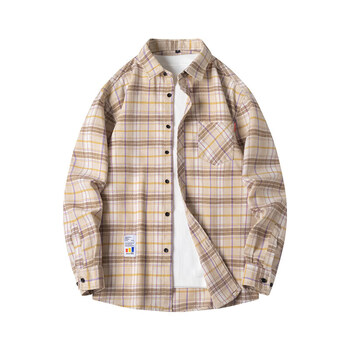 hla2024春潮流格子衬衫男港风休闲长袖外套少年男装上衣 卡其色 4xl