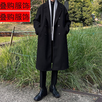 映棠黑色感毛呢大衣男秋冬季2022新款韩版中长款英伦西装风衣外套毛呢