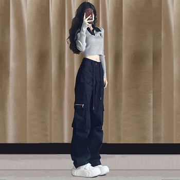 jiyun)春秋季加肥加大码工装裤女200斤美式直筒胖mm高腰显瘦胖女生阔