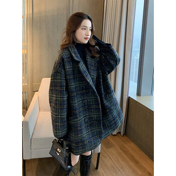 拉夏贝尔西装毛呢大衣女装秋冬新款小个子羊绒加棉千鸟格短款复古毛呢