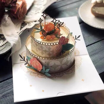 UNIGIFT生日立体贺卡3d双层玫瑰蛋糕烫金纸雕手工祝福留言小卡片精美礼物 双层玫瑰蛋糕