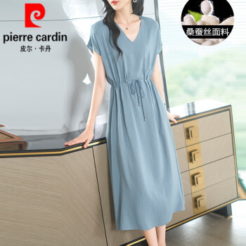 皮尔卡丹（pierre cardin）长款过膝真.丝连衣裙女士夏季新款大l码宽松桑蚕.丝收腰短袖裙子 蓝色 XL