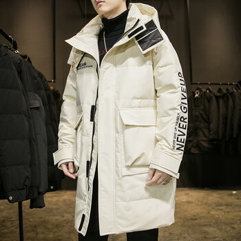男士羽绒服中长款冬季潮牌2023年新款潮流国潮加厚宽松外套男冬装米白