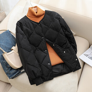 品恒_恒圆领短款羽绒服女年秋冬菱形格防钻绒宽松白鸭绒轻盈保 黑色 _