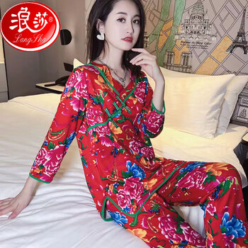 浪莎(langsha)东北大花睡衣情侣可外穿盘扣宽松大码民族特色家居服