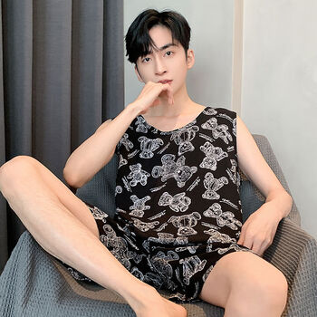 柔纺roufang夏季纯棉青少年睡衣男士套装夏天大码学生家居服薄款无袖