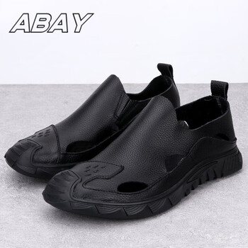 abay凉鞋真皮打孔夏季时尚外穿男士沙滩鞋透气休闲洞洞鞋男款黑色38
