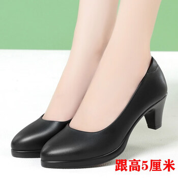 蜘蛛王真皮工作鞋圆头黑皮鞋中跟粗跟职业鞋空姐通勤正装女鞋单鞋黑色