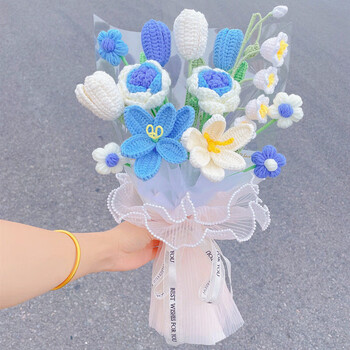 花束编织款成品手工毛线编织手捧花新娘结婚感仿真花成品珍珠纱手捧