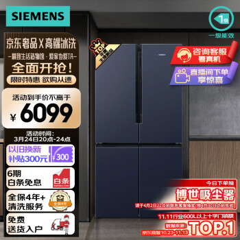 西门子（SIEMENS）605升十字四开对开门家用冰箱超大容量一级无霜冷藏保鲜大怪兽湖蕴蓝BCD-605W(K56L56CMEC)