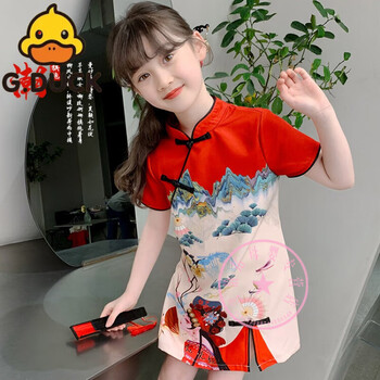 duckkids小黄鸭夏季女童汉服山水画旗袍裙儿童古风连衣裙中国风女孩