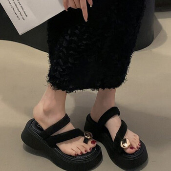 酌芙套趾拖鞋女2024年夏季金属厚底小个子舒适休闲凉拖鞋女黑色36
