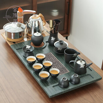 茶具套装排水茶海办公室会客茶台盘泡茶器 枫叶素然壶15头 金色电器