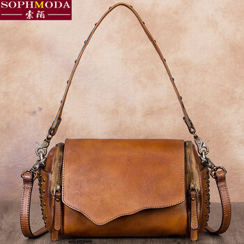 复古包皮包女牛皮真皮女包手提包女斜挎包女单肩包女小包2019新款 深