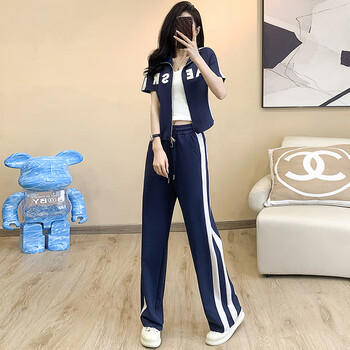 啄木鸟运动休闲套装女夏季2024新款潮流宽松阔腿裤时尚开衫短袖蓝色两