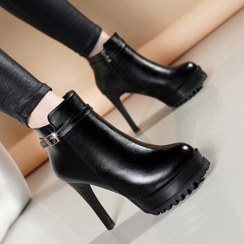 靴子女冬2018新款细跟高跟短靴防水台圆头黑色加绒时尚马丁靴秋季