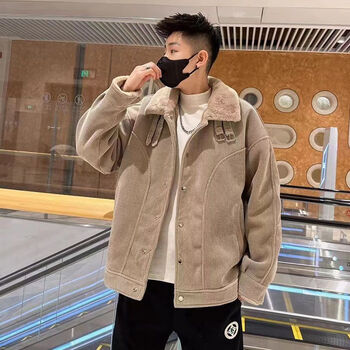 仟诗卡毛领棉服男季加绒加厚灯芯绒外套休闲情侣复古宽松棉衣袄男款