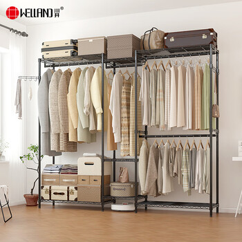 川井衣架双层加高落地挂衣架卧室衣帽间简易衣帽架金属晾衣架